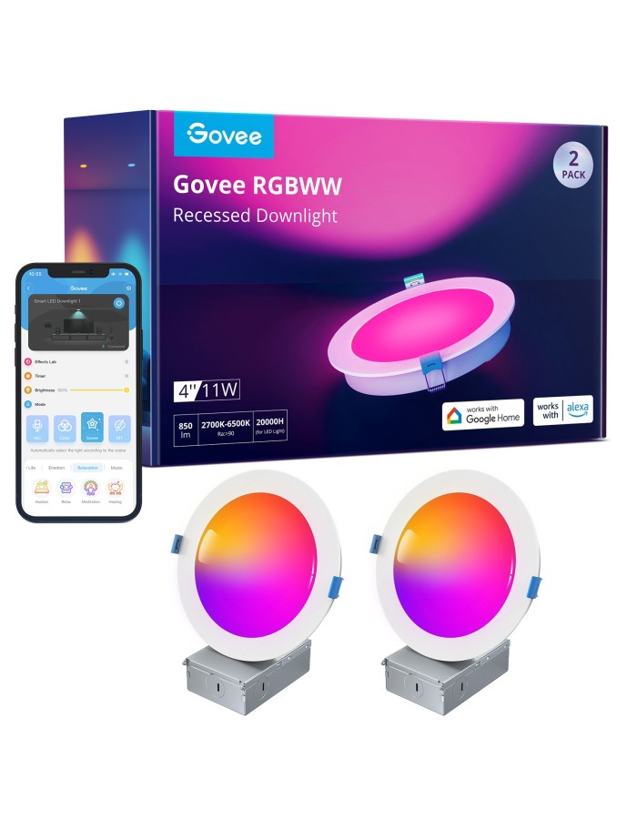 Govee B601B Smart Recessed Lights (2 Pack) 4'' Wi-Fi & BT RGBWW 850 Lumen with Junction Box