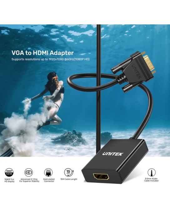 Unitek Converter VGA to HDMI Adapter w/Audio & Power Port Unitek Converter VGA to HDMI Adapter w/Audio & Power Port