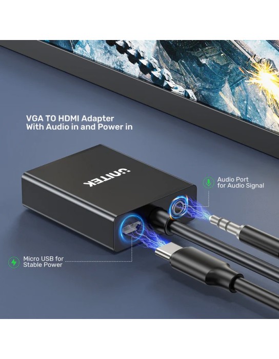 Unitek Converter VGA to HDMI Adapter w/Audio & Power Port Unitek Converter VGA to HDMI Adapter w/Audio & Power Port