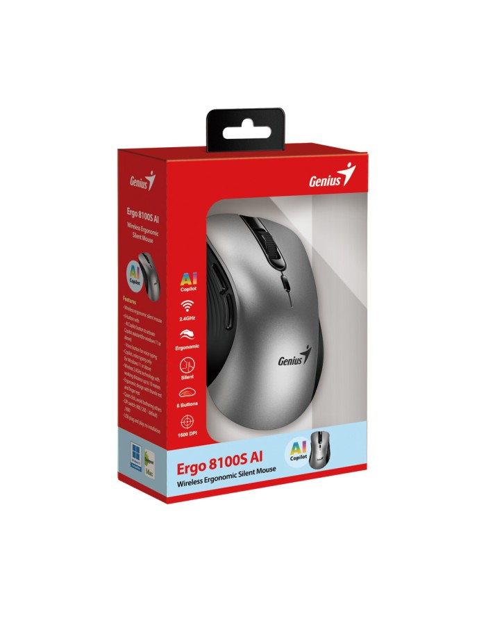 Genius Wireless Silent AI Ergonomic Mouse 8100S with Thumb & Finger Rest Silver Genius Wireless Silent AI Ergonomic Mouse 8100S with Thumb & Finger Rest Silver