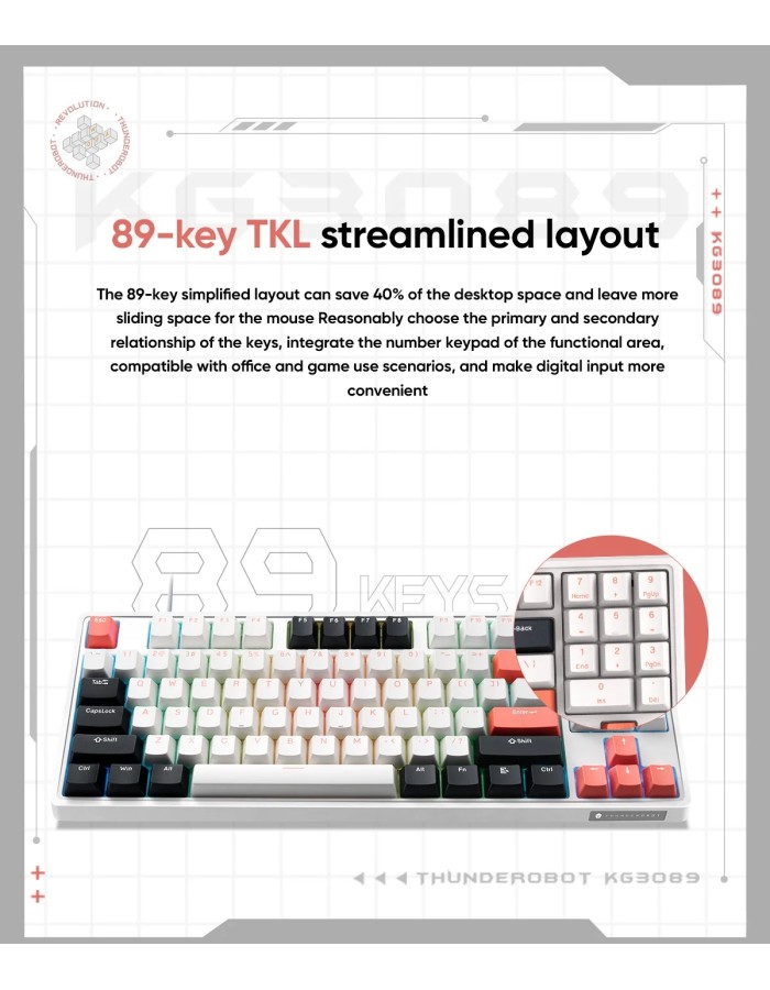 Thunderobot KG3089 White Mechanical Gaming Keyboard 89 Red Switch Keys