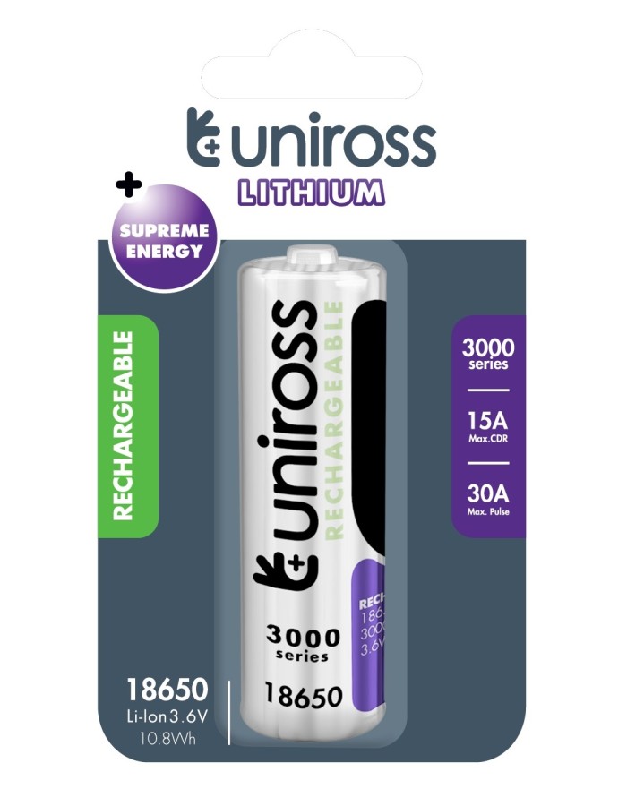 Uniross Rechargeable 18650BT Lithium Battery 3000mAh U1BT1830SP