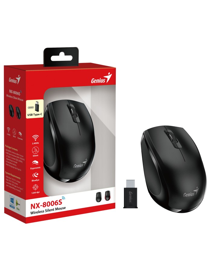 Genius Mouse Wireless Silent USB-C Receiver NX-8006S Black Genius Mouse Wireless Silent USB-C Receiver NX-8006S Black