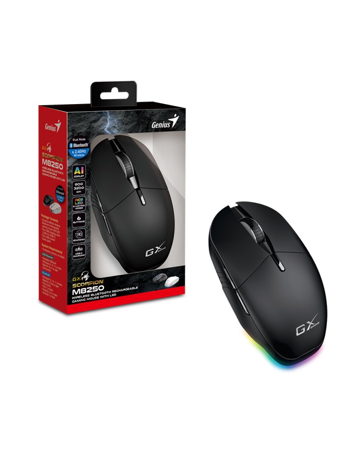 Genius Mouse Wireless+BT Recharg RGB AI 3200DPI Scorpion M8250 Black Genius Mouse Wireless+BT Recharg RGB AI 3200DPI Scorpion M8250 Black