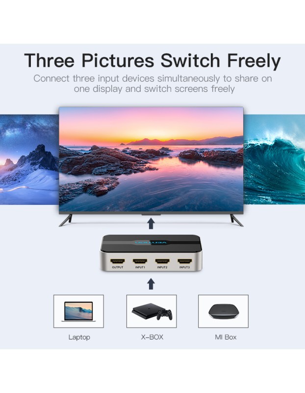 Vention HDMI Switch 3-Port 4K 1.4 with Audio Separation AFJH0 Vention HDMI Switch 3-Port 4K 1.4 with Audio Separation AFJH0