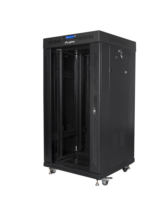 Lanberg Free Standing Cabinet 19'' with Glass Door 22U 60cm Ventilation Panel with LCD, 2 Fans & Thermostat Black (not assembled)