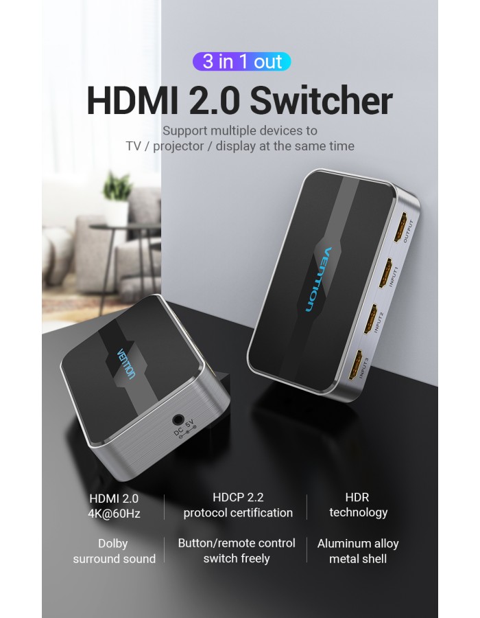 Vention HDMI Switch 3-Port 4K 2.0 w/Remote Control AFOH0 Vention HDMI Switch 3-Port 4K 2.0 w/Remote Control AFOH0