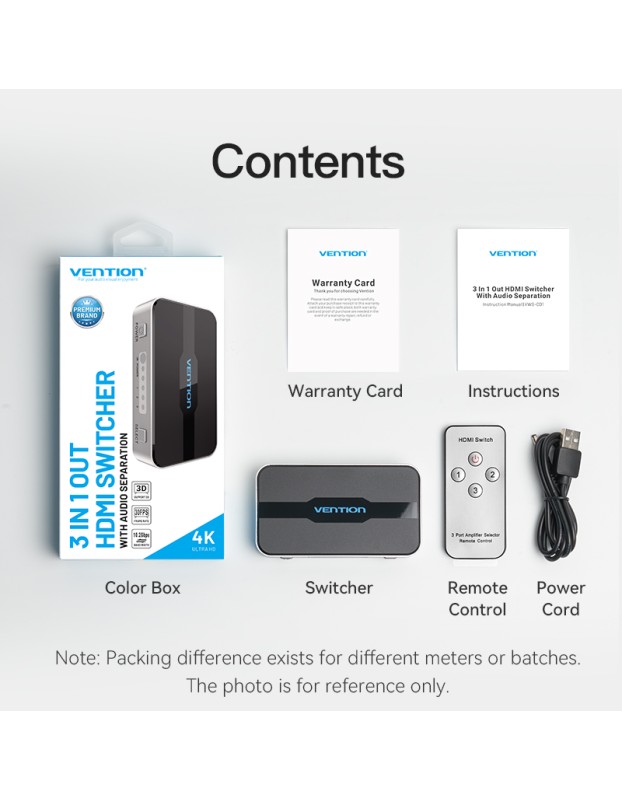 Vention HDMI Switch 3-Port 4K 1.4 with Audio Separation AFJH0 Vention HDMI Switch 3-Port 4K 1.4 with Audio Separation AFJH0