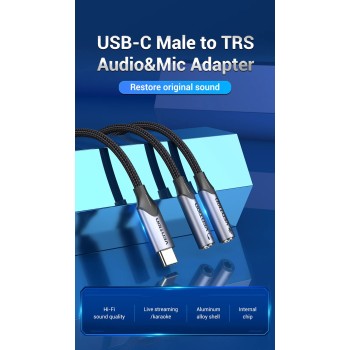 Vention USB-C to 2x3.5mm TRS Cable Adaptor Braided 0.3m BGPHY Vention USB-C to 2x3.5mm TRS Cable Adaptor Braided 0.3m BGPHY