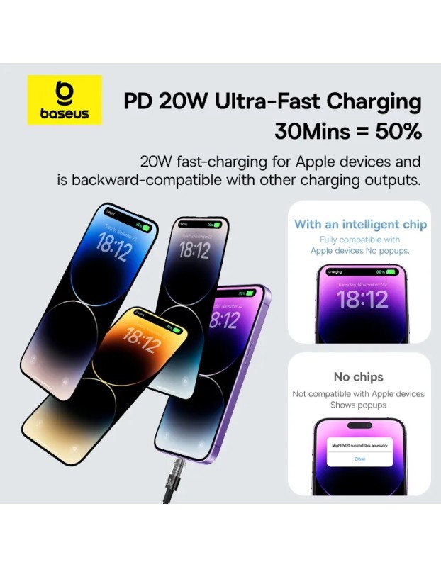 Baseus Cable Lightning to USB-C Gem Series 1.0m 20W Black Baseus Cable Lightning to USB-C Gem Series 1.0m 20W Black