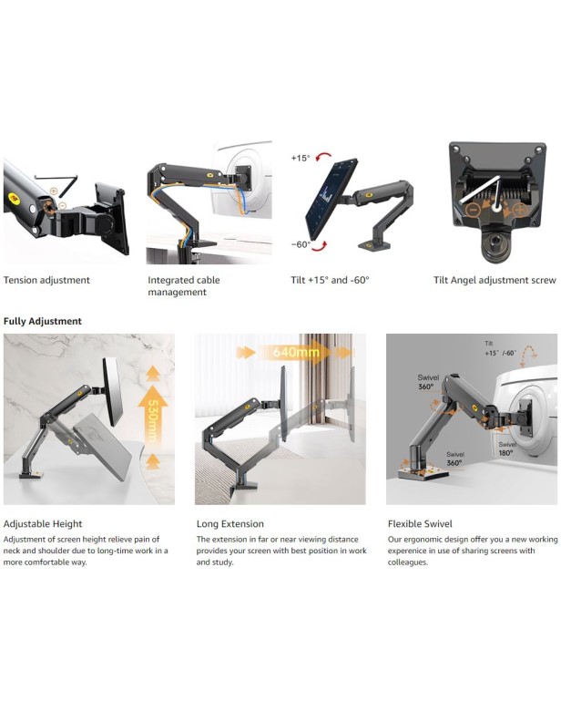 NBMounts G60 Single Arm Heavy Duty Desk Monitor Mount