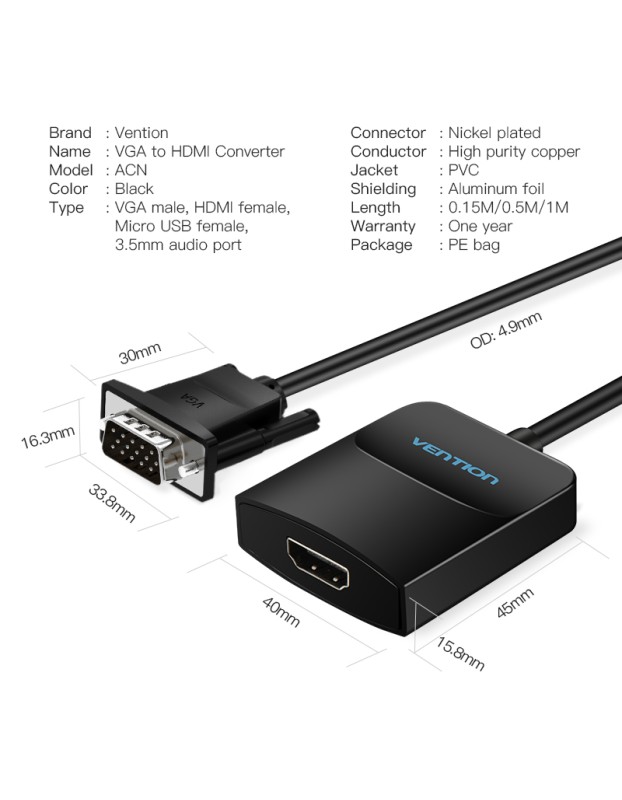 Vention Converter VGA+Audio to HDMI & USB Power 0.5m ACNBD Vention Converter VGA+Audio to HDMI & USB Power 0.5m ACNBD