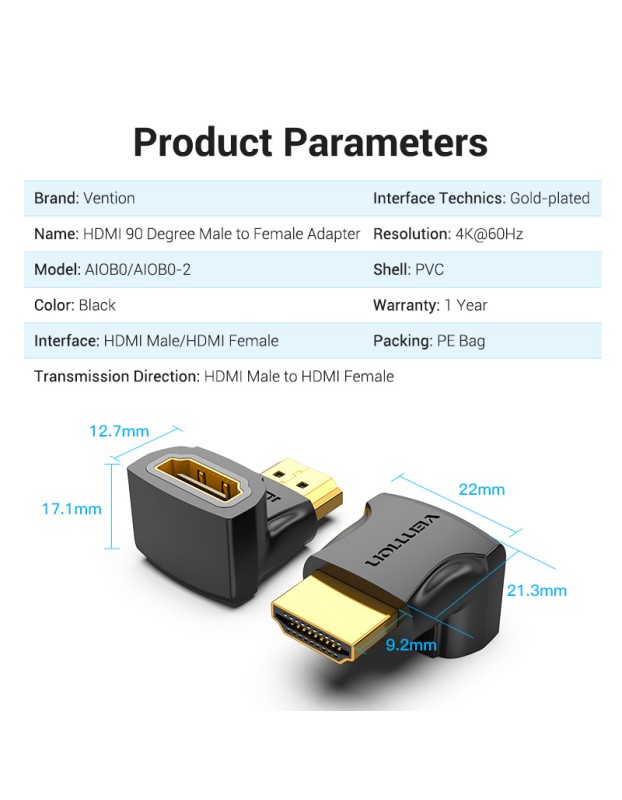 Vention HDMI Right Angle Adaptor Male to Female 90 Degree 4K60Hz AIOB0 Vention HDMI Right Angle Adaptor Male to Female 90 Degree 4K60Hz AIOB0