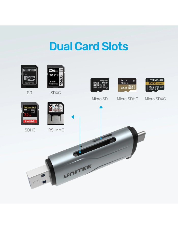 Unitek R1010A Card Reader USB-A/C 3.0 to Micro SD/SD