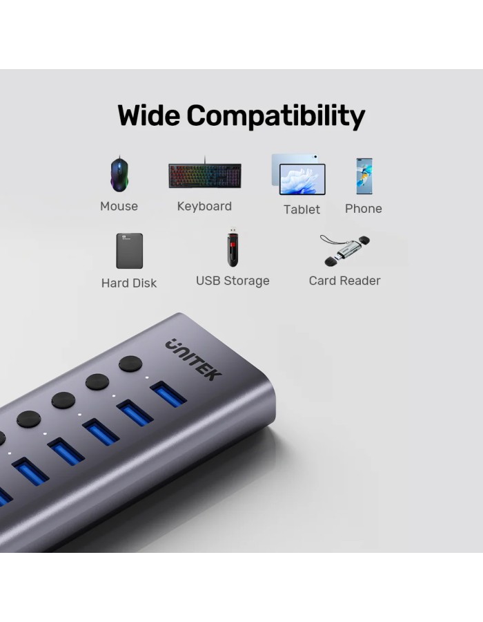 Unitek USB-C Hub 7xUSB-A Power Switch 12V2A H1314A