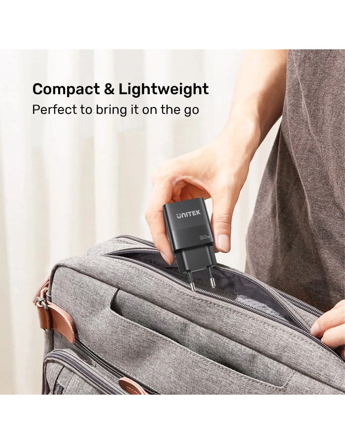 Unitek 20W Wall Charger USB-C PD & QC 3.0 UK P1124ABK Black
