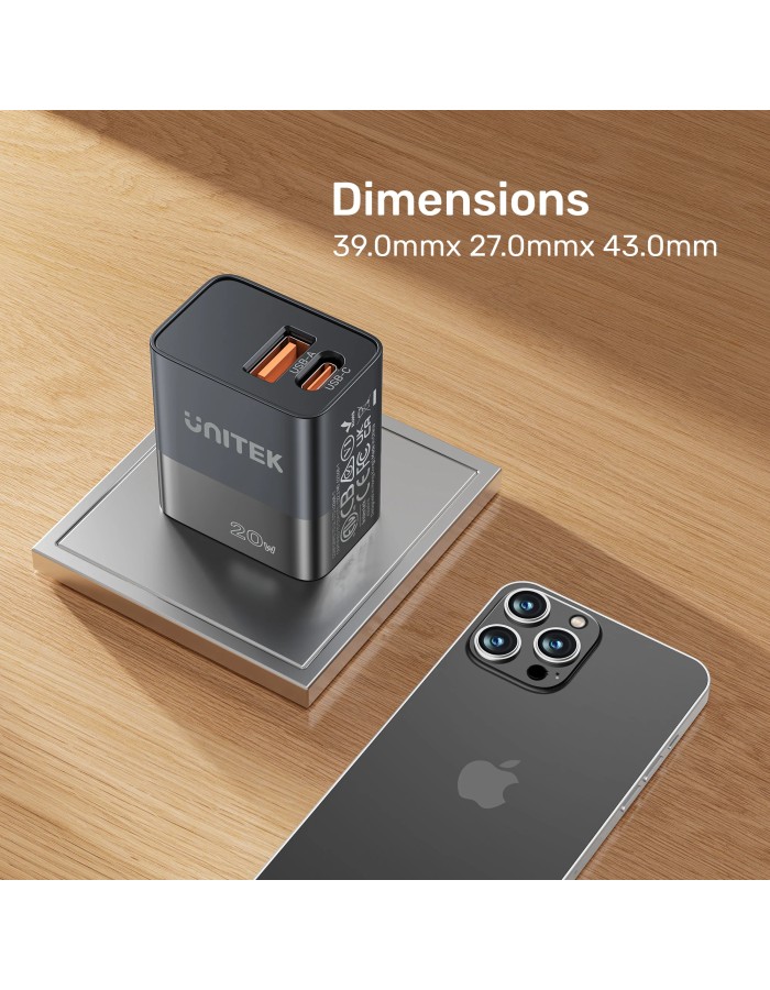 Unitek 20W Wall Charger USB-C PD & QC 3.0 UK P1124ABK Black