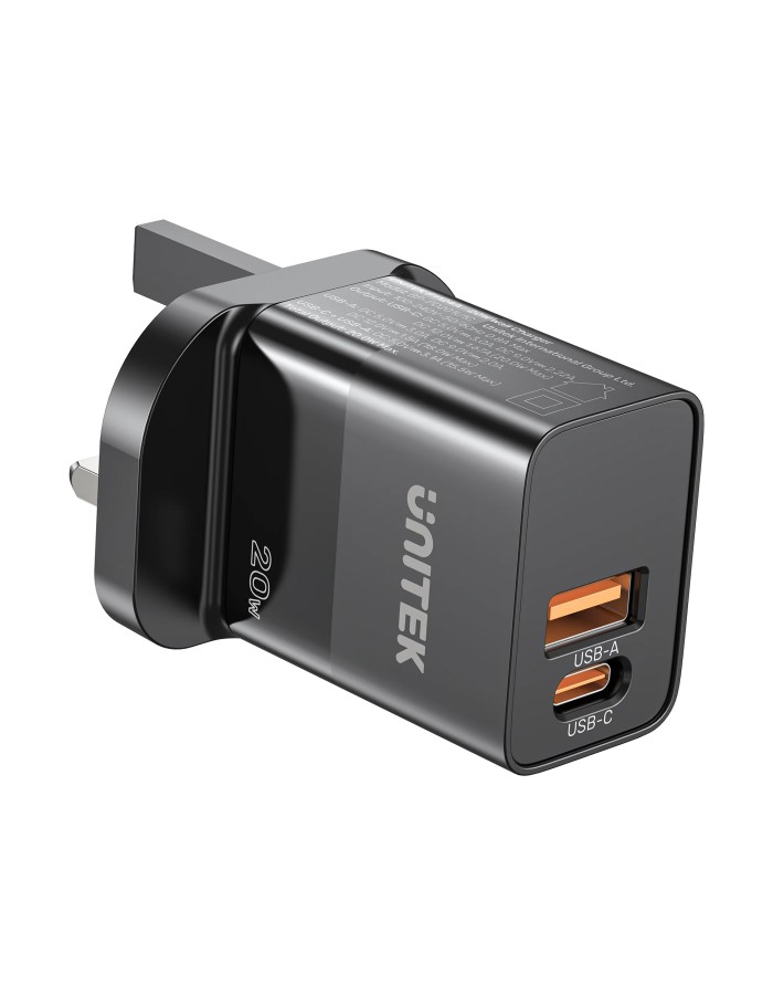 Unitek 20W Wall Charger USB-C PD & QC 3.0 UK P1124ABK Black