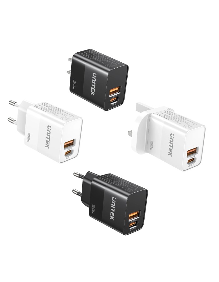 Unitek 20W Wall Charger USB-C PD & QC 3.0 UK P1124ABK Black