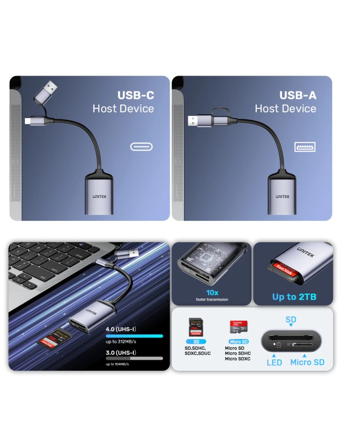 Unitek R1018E Super Fast Card Reader Up to 312mb/s USB-A/C Supports SD/MicroSD
