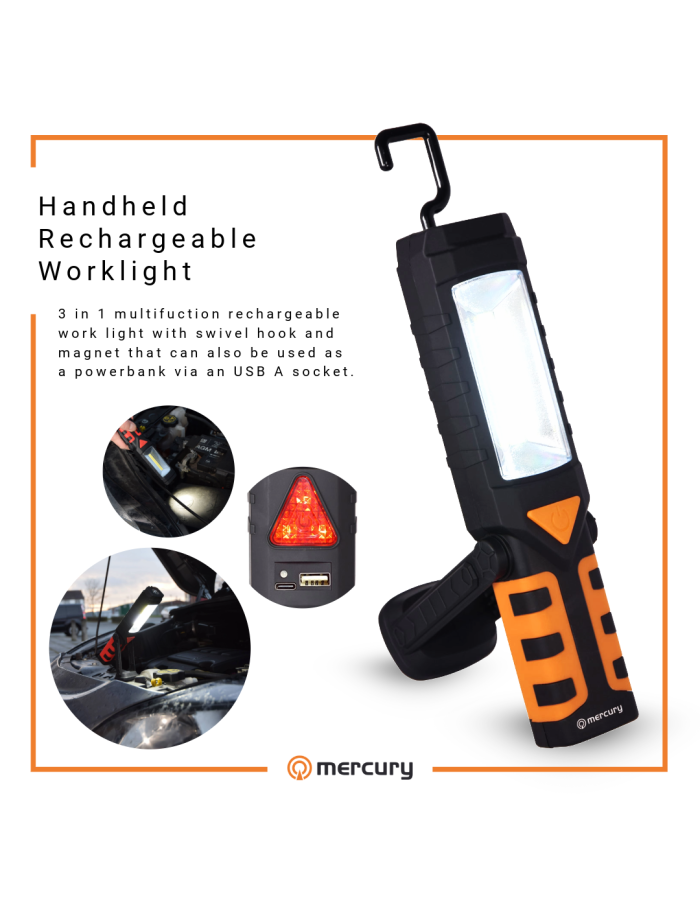 Mercury 3in1 Handheld Rechargeable Worklight, Powerbank Function, with Hook and Magnet 410.318UK
