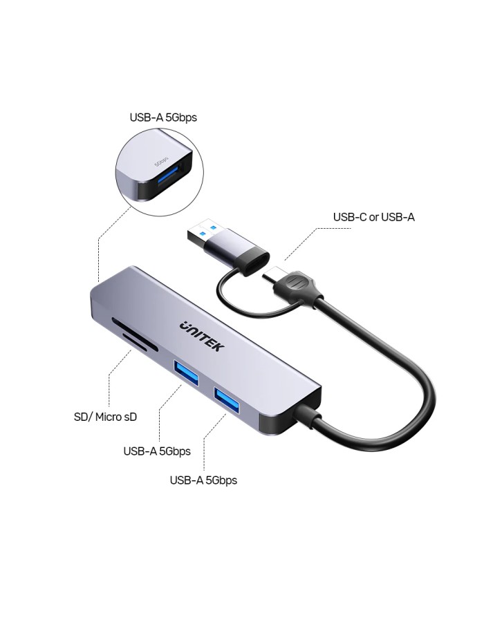Unitek USB-C Hub 3xUSBA SD/Micro SD Card Reader H1320A