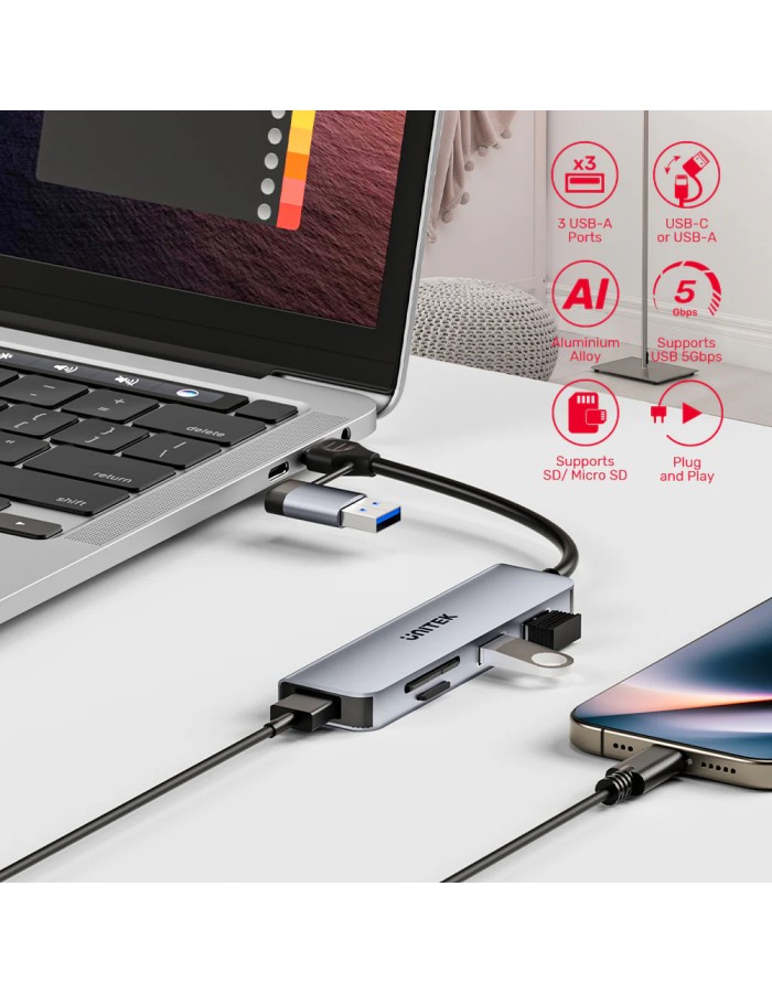 Unitek USB-C Hub 3xUSBA SD/Micro SD Card Reader H1320A