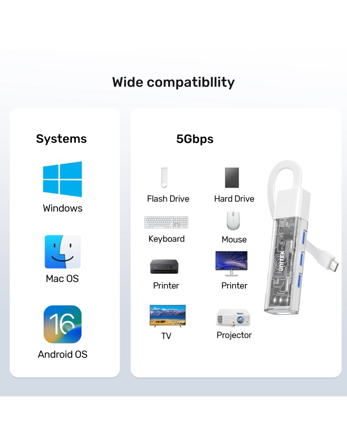 Unitek USB-C/USB-A Hub 4xUSB-A Ports Bi-Directional Detachable USB Cable H1319A