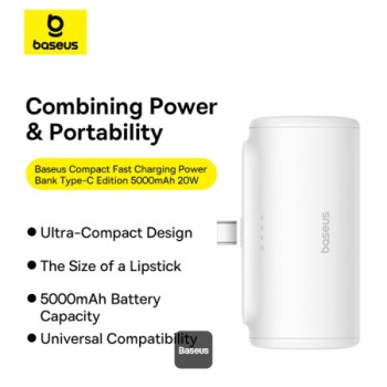 Baseus Powerbank 20W 5000mAh Plug-In USB-C 20W White Baseus Powerbank 20W 5000mAh Plug-In USB-C 20W White