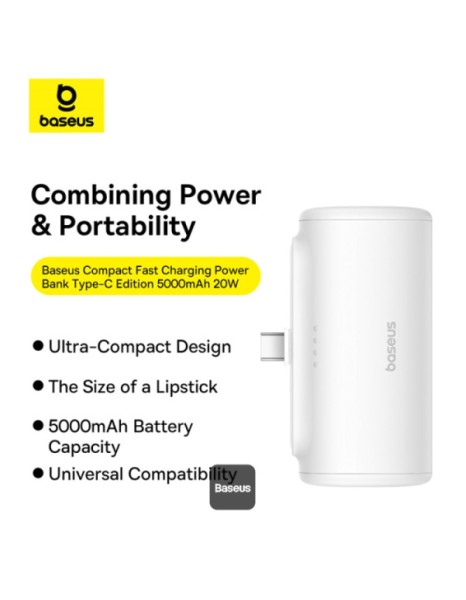 Baseus Powerbank 20W 5000mAh Plug-In USB-C 20W White Baseus Powerbank 20W 5000mAh Plug-In USB-C 20W White