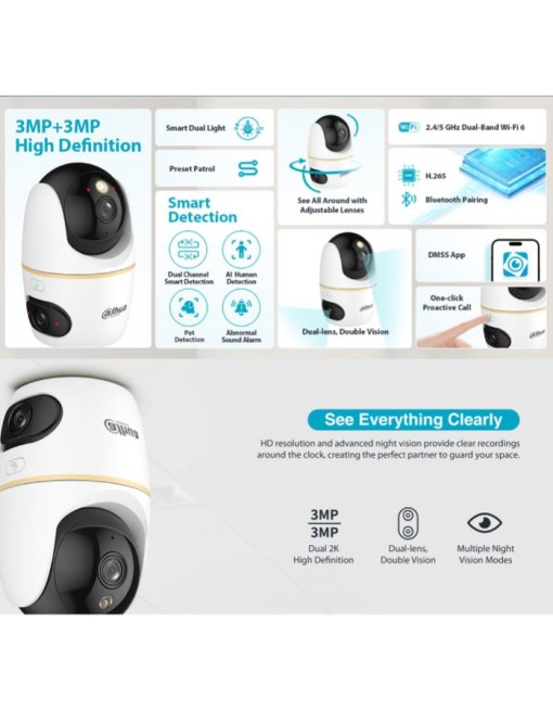 Dahua IP Indoor 3.0MP Wifi PT Dome Dual Lens H3D-3F