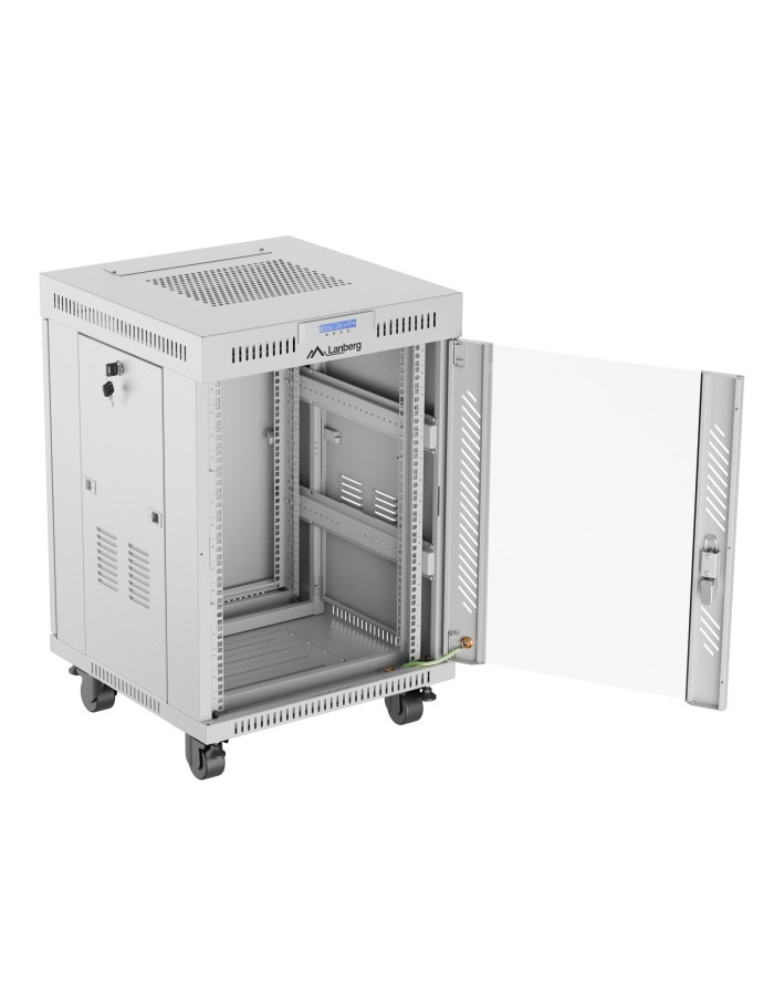 Lanberg Free Standing Cabinet 19'' with Glass Door 15U 60cm Ventilation Panel with LCD, 2 Fans & Thermostat Grey (not assebled)