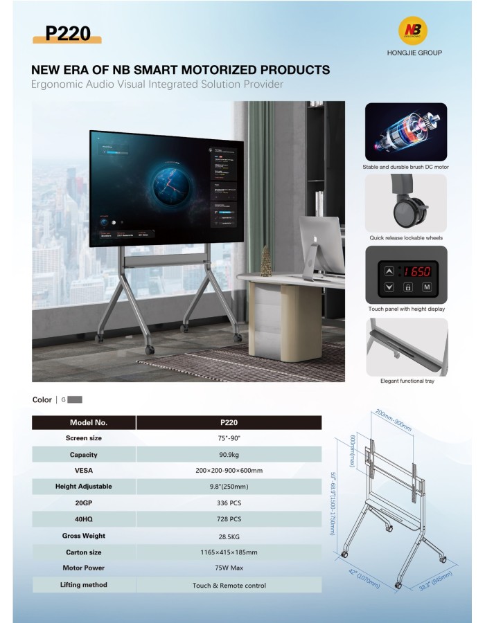 NBMounts P220 Heavy Duty Motorized TV Trolley up to 90'' 1.75m 90kg with Wireless Remote & Touchpad