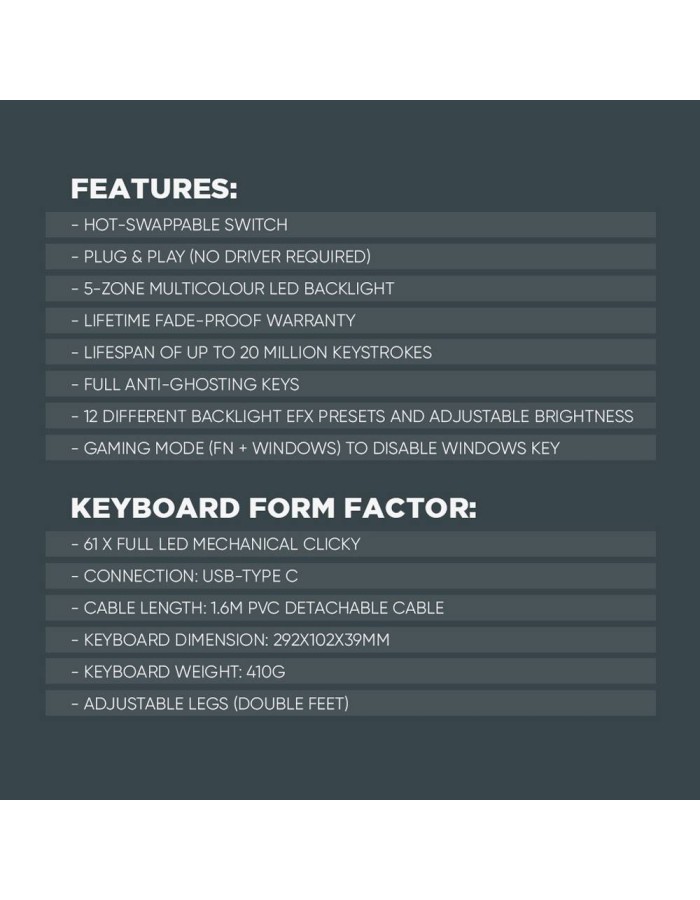 Armaggeddon MKA-1C NEX Black Mechanical Gaming Keyboard 61 Tactile (Brown) Keys