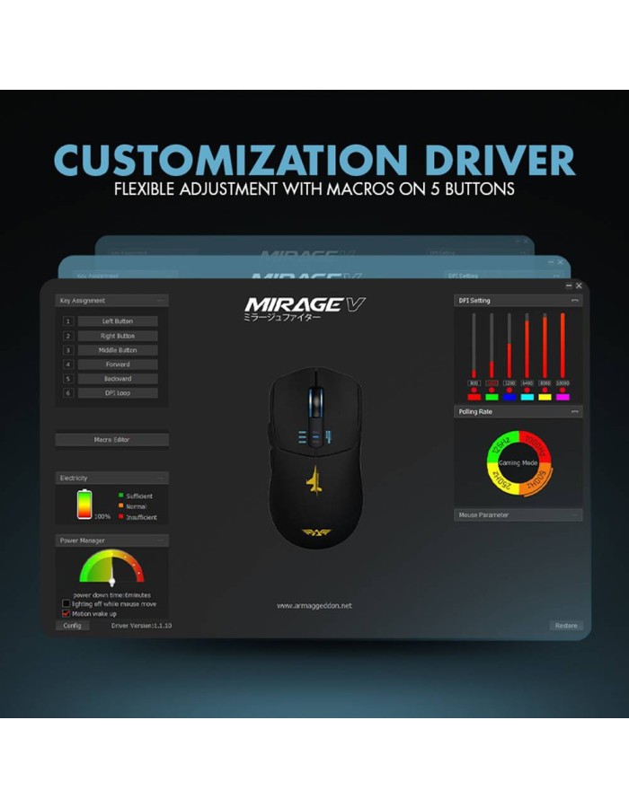 Armaggeddon Gaming Mouse Wired+2.4G+BT Rechargeable 500mAh 5B MIRAGE-V Black