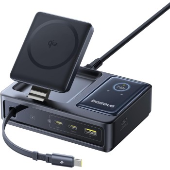 Baseus NOMOS 5in1 Desktop 140W Wired & Wireless Charger Qi2 3xUSBC+1A with LED Display UK Plug