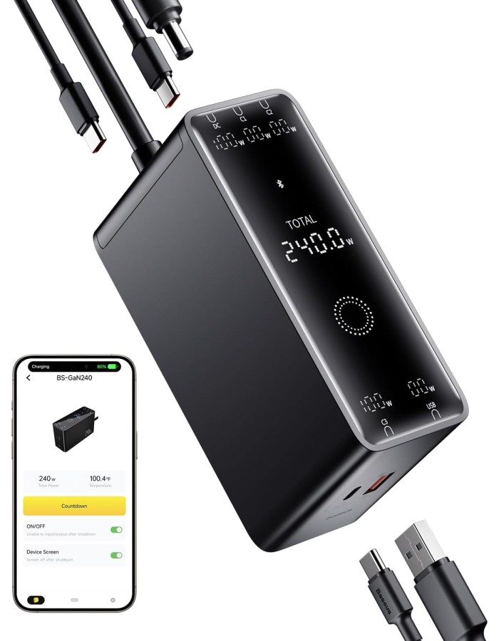 Baseus Desktop Charger 240W 3C+U+DC Touch Display & App Control incl 240W Charging Cable - Can Charge two Laptops at the same time