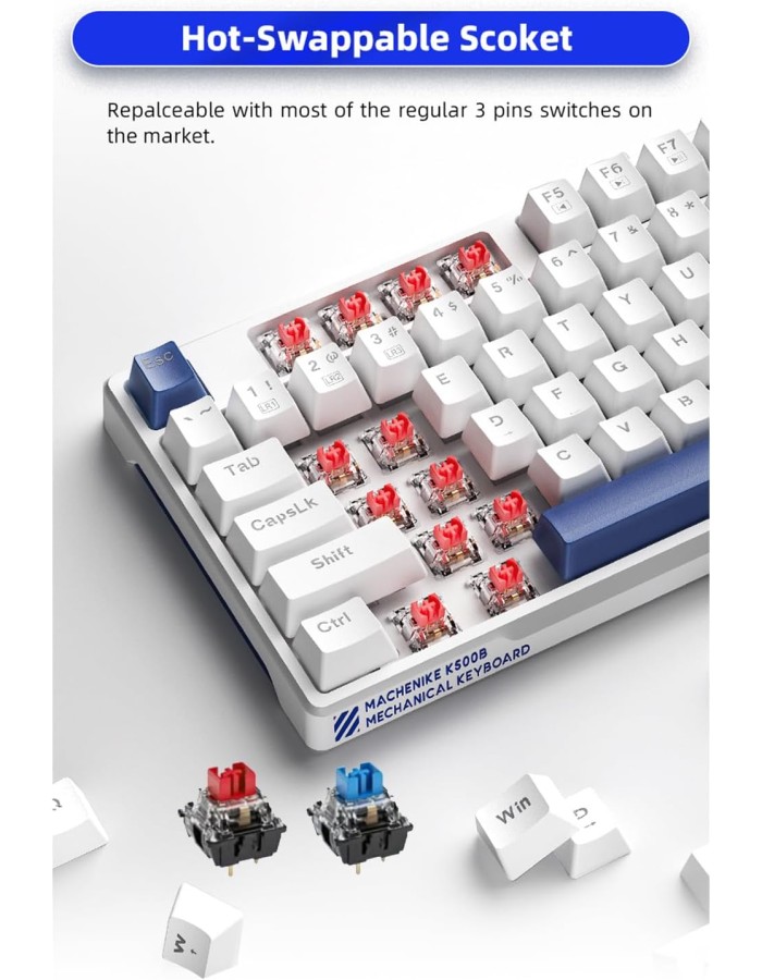 Machenike K500-B87 White/Blue Wired Gaming Keyboard 87 Blue Switch Keys