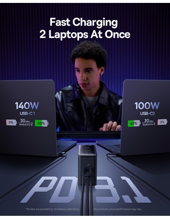 Baseus Desktop Charger 240W 3C+U+DC Touch Display & App Control incl 240W Charging Cable - Can Charge two Laptops at the same time
