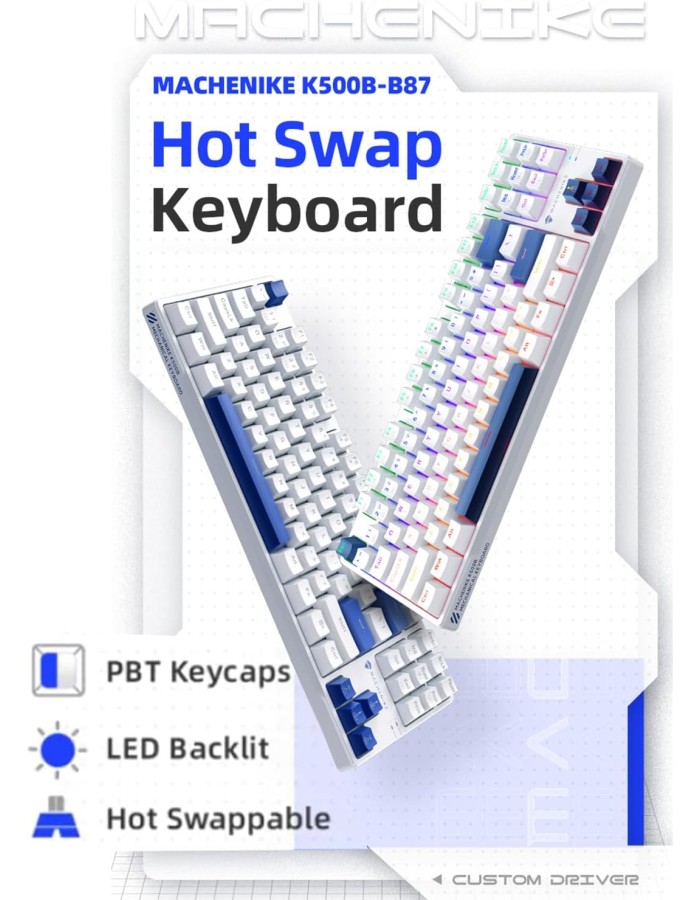 Machenike K500-B87 White/Blue Wired Gaming Keyboard 87 Blue Switch Keys