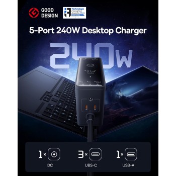 Baseus Desktop Charger 240W 3C+U+DC Touch Display & App Control incl 240W Charging Cable - Can Charge two Laptops at the same time Baseus Desktop Charger 240W 3C+U+DC Touch Display & App Control incl 240W Charging Cable - Can Charge two Laptops at the same time