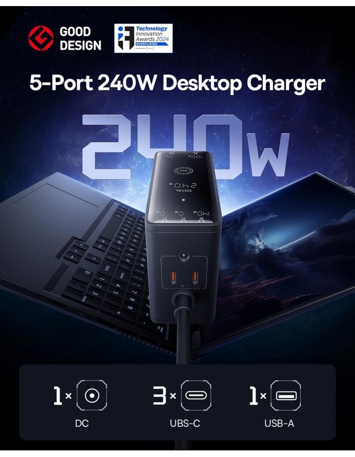 Baseus Desktop Charger 240W 3C+U+DC Touch Display & App Control incl 240W Charging Cable - Can Charge two Laptops at the same time