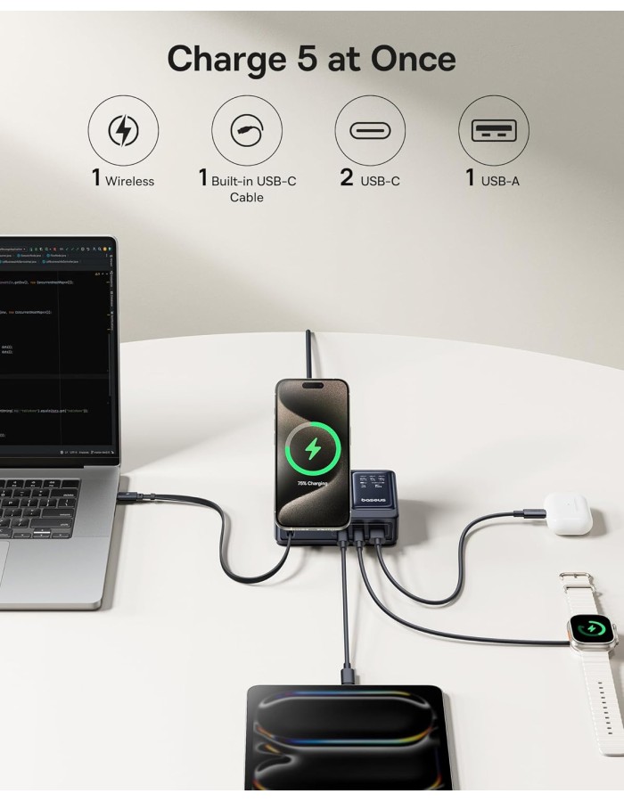 Baseus NOMOS 5in1 Desktop 140W Wired & Wireless Charger Qi2 3xUSBC+1A with LED Display UK Plug