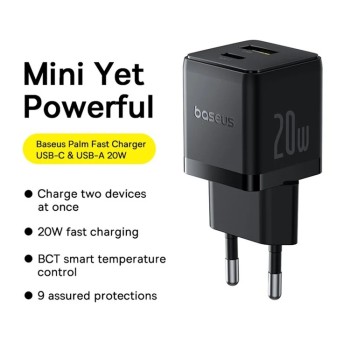 Baseus Charger Wall 20W USB-C/USB-A PALM Series EU Black Baseus Charger Wall 20W USB-C/USB-A PALM Series EU Black