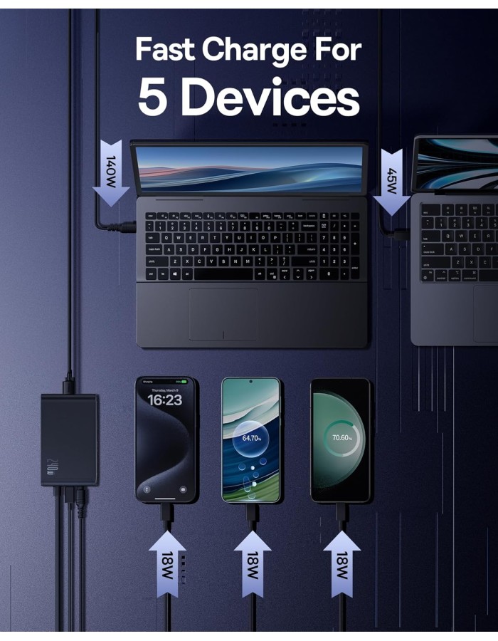 Baseus Desktop Charger 240W 3C+U+DC Touch Display & App Control incl 240W Charging Cable - Can Charge two Laptops at the same time