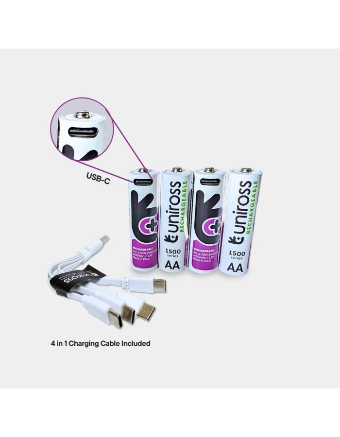 Uniross Rechargeable USB-C Lithium AA Batteries 2400 mAh (4pack) Uniross Rechargeable USB-C Lithium AA Batteries 2400 mAh (4pack)