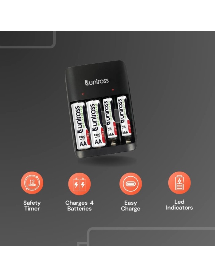 Uniross USB Charger UCU010C for AA/AAA Includes 2xAA & 2xAAA Batteries