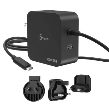 j5create Charger Wall Travel 102W GaN 2xUSB-C + USB-C Cable JUP25102V j5create Charger Wall Travel 102W GaN 2xUSB-C + USB-C Cable JUP25102V