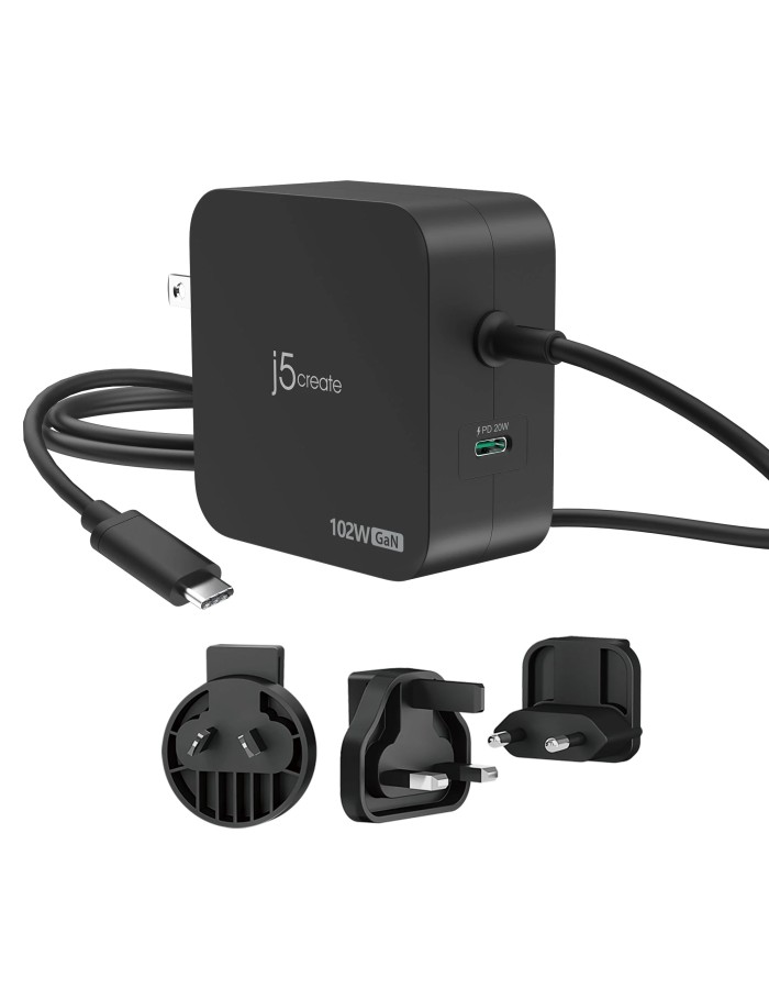 j5create Charger Wall Travel 102W GaN 2xUSB-C + USB-C Cable JUP25102V