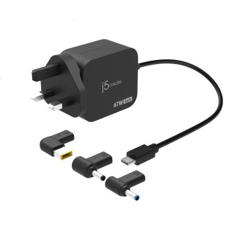 j5create Charger Laptop 67W GaN USB-C PD with 3 Detachable DC Connectors UK JUP1565DCF3A